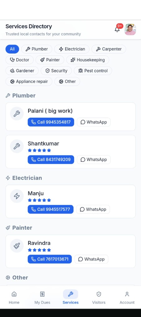 MyAssociation Services Directory Mobile Screenshot featuring verified local contacts: Plumbers, Electricians, Painters with star ratings, and direct Call and WhatsApp buttons