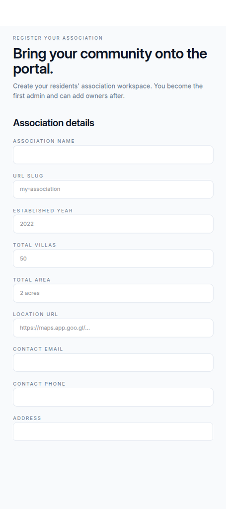 MyAssociation Onboarding Mobile Screenshot featuring Register Your Association form: Bring your community onto the portal, Association details, URL slug, Total villas, Total area, Location URL, and Contact details