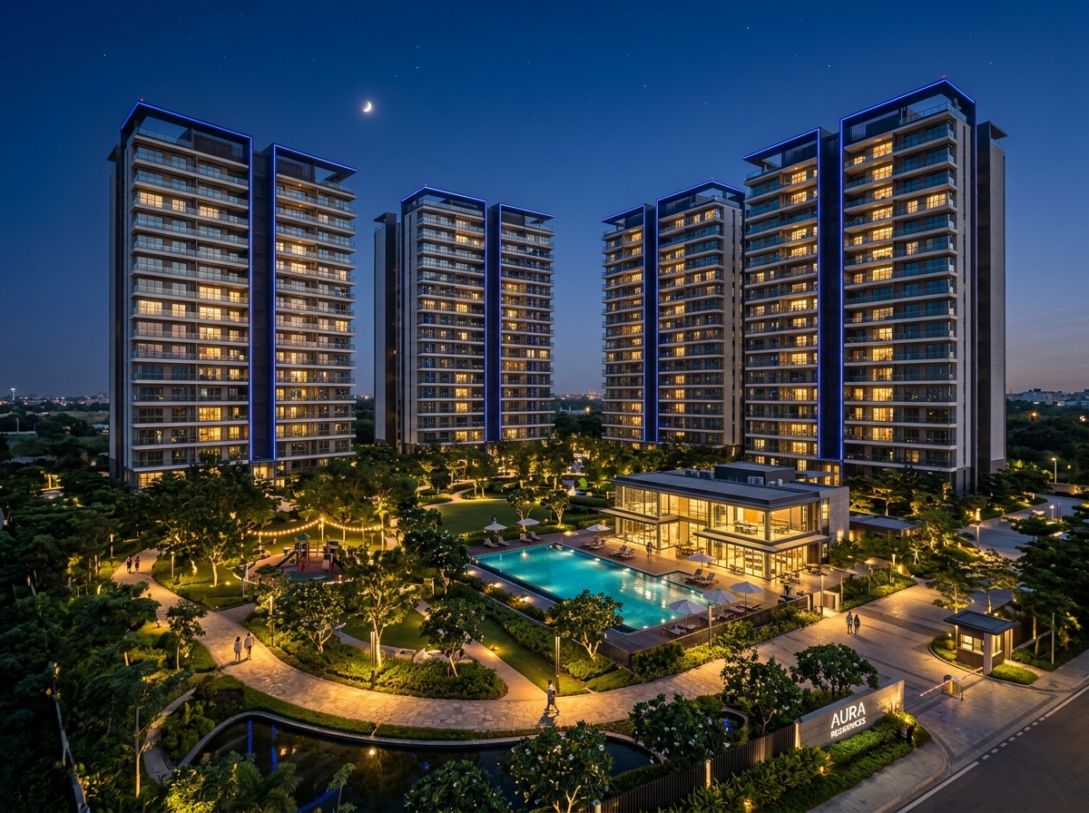Contemporary multi-tower residential apartment society with illuminated amenities