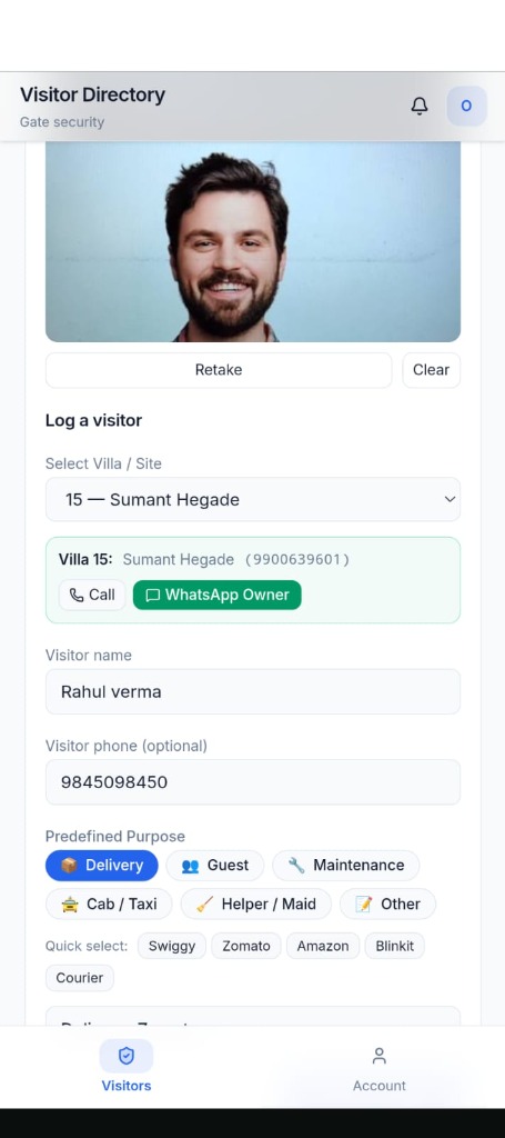 MyAssociation Security Mobile App — Log a visitor form with live camera photo capture, villa selection, visitor details, and predefined quick purpose chips